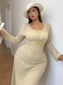 Flirla Fashion Versatile Elegant Lace Cover Up Long Sleeve With Spaghetti Strap Dress Set - Apricot - View 6