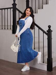 SHEIN EZwear Váy denim thường ngày cỡ lớn có dây đeo rộng và nhiều túi, thiết kế tối giản - Màu xanh lam - Xem 6