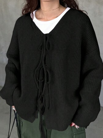 FRIFUL Damen Strickjacke mit Schleife und verstärkter Fütterung, Langarm Oberteil, Herbst Damenbekleidung Jacke