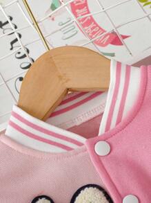 SHEIN 年轻女孩卡通刺绣羊毛半开领拼接连帽长款连体裤，时尚运动休闲装，适合外出，春秋季 - 粉色 - 查看 5