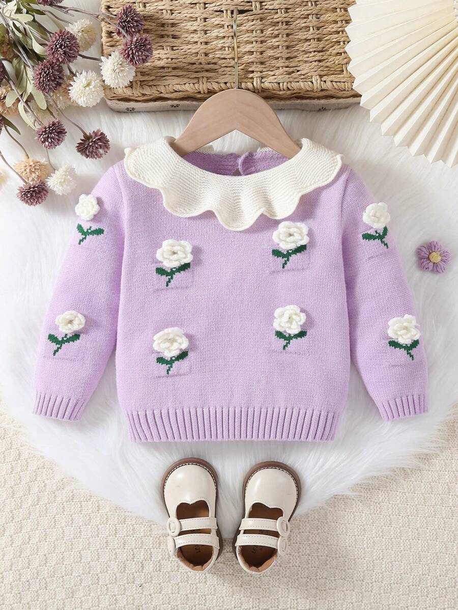 SHEIN Pulls longs à manches pour bébés filles, chauds et confortables, convenant à l'automne/l'hiver. Col volute, mode et élégant, design floral tricoté à la main, mignon et tendance, convenant pour la maison, le quotidien et la sortie - Prune - Voir 1