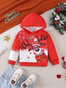 SHEIN Christmas Hooded Sweatshirt For Girls Autumn Winter New Fashion Brand Red Christmas Snowman Deer Bear Print Children Hoodie - Red - View 3