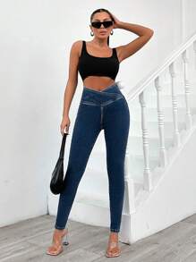 SHEIN Cottnline 98%纯棉女式纯色简约款牛仔裤 - 深色水洗藍 - 查看 4