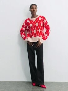 Maija Áo len Giáng sinh cổ tròn dáng rộng cho nữ có họa tiết hình học tương phản, Thu/Đông - Đỏ - Xem 6