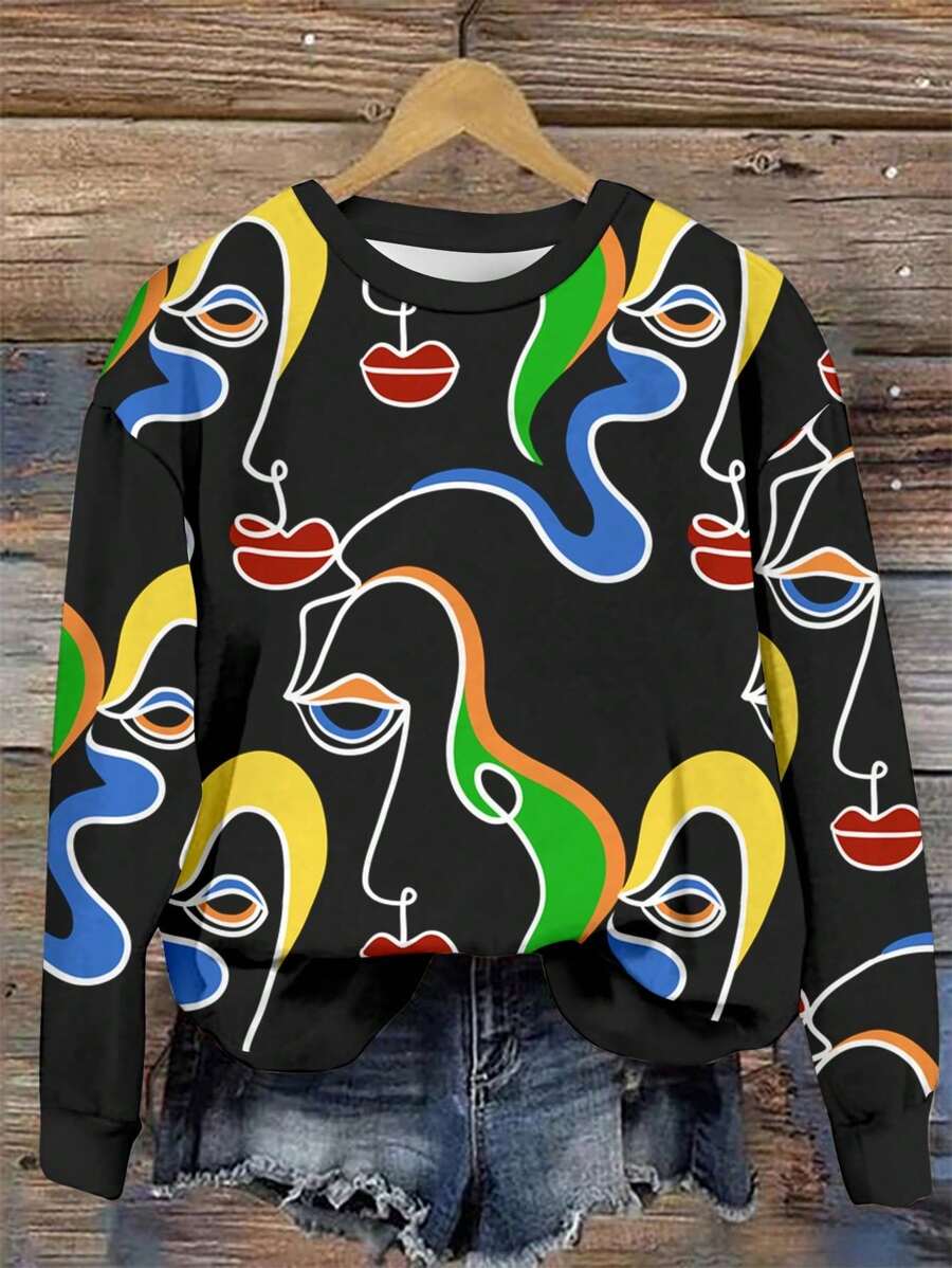 EMERY ROSE Casual Abstract Portrait Pattern Crew Neck Plus Size Women Sweatshirt, Autumn/Winter - Black - View 1