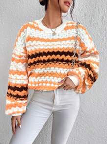 Chiquease Áo len nữ kiểu dáng rộng rãi, phối màu sọc, vai rớt, chất liệu dệt kim, thích hợp cho mùa thu đông. - trái cam - Xem 1