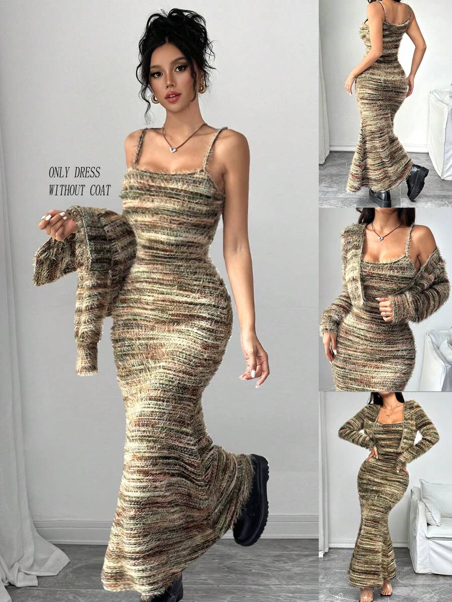 Chiquease Vestido largo y extra largo elegante de punto de rayas, de alta elasticidad y muy suave, para fiesta y temporada de otoño e invierno, conjunto de mujer, solo el vestido sin chaqueta