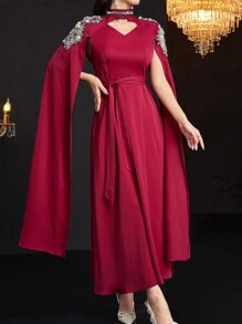 Al Najma 勃艮第红色女式花卉刺绣装饰优雅传统长袖朴素阿拉伯连衣裙 - 酒紅色 - 查看 8