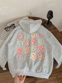 SHEIN Bluza z nadrukiem uśmiechniętej twarzy dla nastolatek z okrągłym dekoltem i luźnym swobodnym dekoltem - Jasnoszary - Zobacz 4