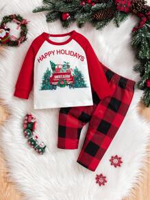 2 件装女婴圣诞 2024 图案口号印花长袖 T 恤和格子裤休闲装 - 紅色 - 查看 1