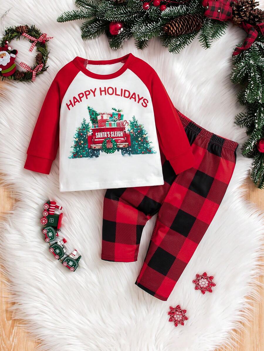 2 件装女婴圣诞 2024 图案口号印花长袖 T 恤和格子裤休闲装 - 紅色 - 查看 1