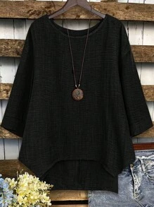 Linhara Plus Size Women's Plain Round Neck Drop Shoulder Long Sleeve Loose Blouse, Autumn - Black - View 1