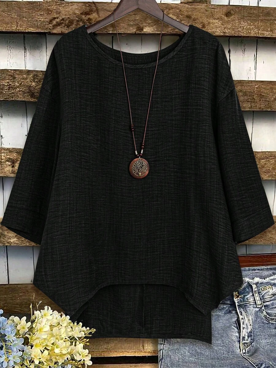 Linhara Plus Size Women's Plain Round Neck Drop Shoulder Long Sleeve Loose Blouse, Autumn - Black - View 1