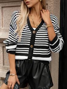 SHEIN Clasi Áo len cardigan dệt kim dài tay in họa tiết sọc khối màu phía trước cổ chữ V đơn giản - Nhiều màu - Xem 6