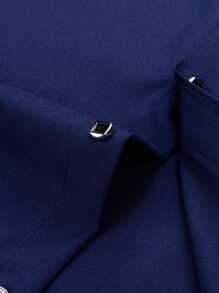 Manfinity Mode Men's Plain Front Button Long Sleeve Casual Shirt, For Fall - Navy Blue - View 5