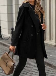 EMERY ROSE Áo khoác trùm đầu hai hàng khuy cho nữ, thường ngày cho mùa thu đông Áo khoác đen dài cho nữ Áo khoác đen mùa đông - màu đen - Xem 5