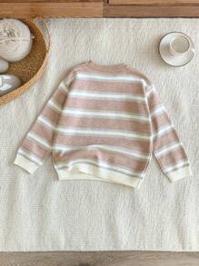 SHEIN Young Boys Striped Print Crew Neck Casual Long Sleeve Sweater - Pink - View 2