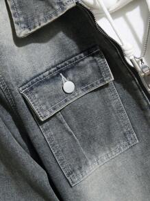 Manfinity Homme Men's Front Zipper Long Sleeve Pocket Casual Denim Jacket, For Daily Wear - Grey - View 3