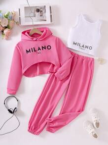 3pcs/Set Girls Casual Waffle Texture Long Sleeve Sweatshirt, Printed Tank Top And Pants Set