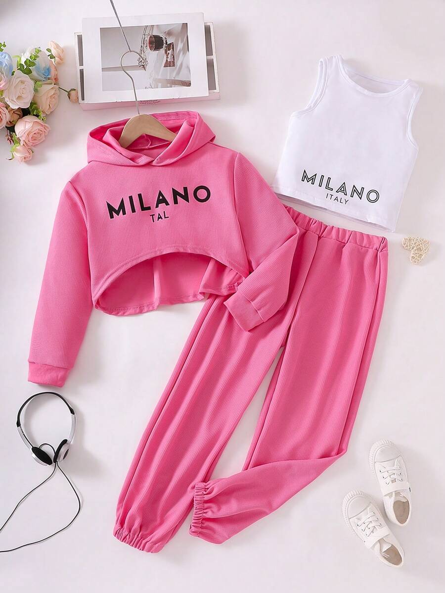 3pcs/Set Girls Casual Waffle Texture Long Sleeve Sweatshirt, Printed Tank Top And Pants Set