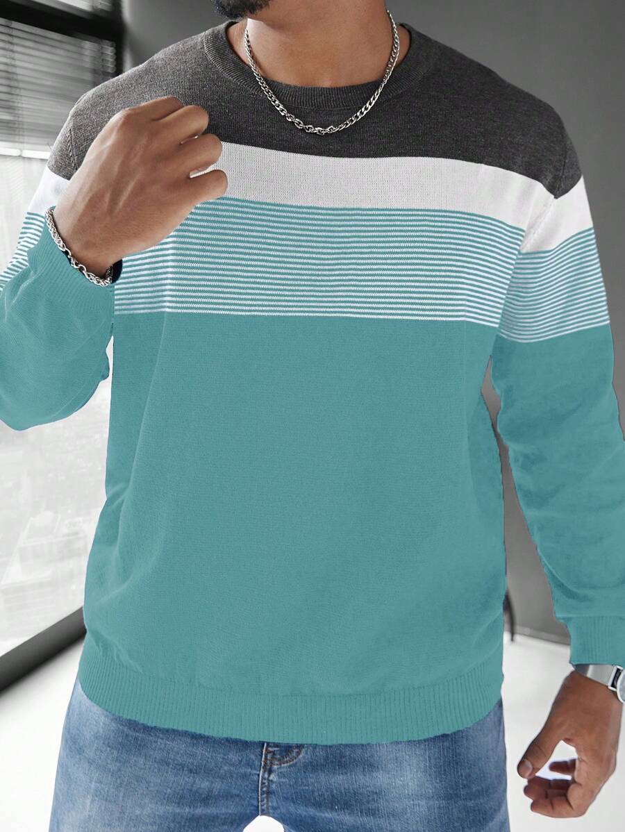 Manfinity Homme 男士休闲条纹圆领长袖毛衣，秋冬 - 彩色 - 查看 1