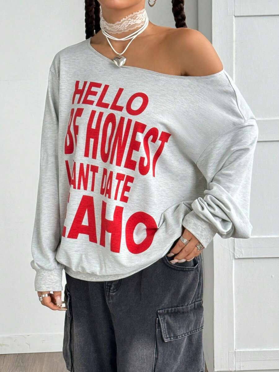 StreetHx 女士宽松不对称肩部字母印花套头卫衣，秋季款 - 白色 - 查看 1