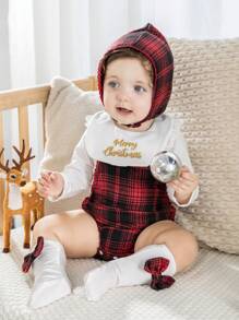 SHEIN Set di 5 pezzi di abbigliamento per neonata: cappellino ricamato, bavaglio, calze con fiocco, blusa con volant, tutina a quadri, caldo e confortevole per l' autunno e l' inverno all' aperto