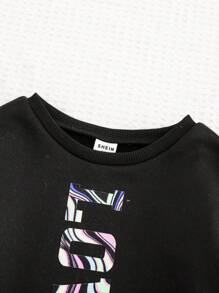 SHEIN 2 件装女婴黑色针织长袖上衣和抽绳腰带图案裤套装，适合秋冬季节 - 彩色 - 查看 7