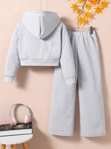 SHEIN 2 件套青少年女孩美国学院风格休闲长袖连帽衫夹克和裤子套装，适合学校和户外穿着 - 灰色 - 查看 2