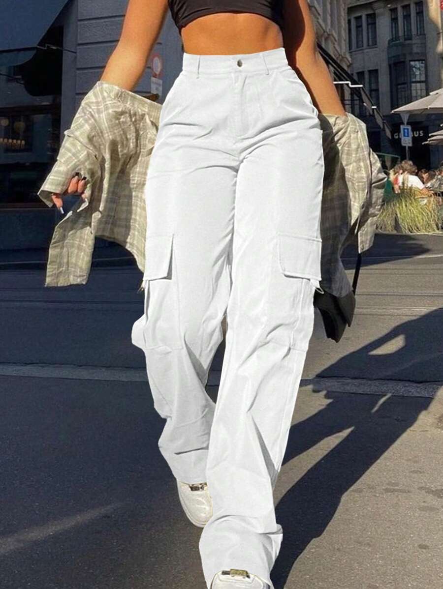 Women's Solid Color Cargo Pocket Straight Loose Casual Trousers - 白色 - 查看 1
