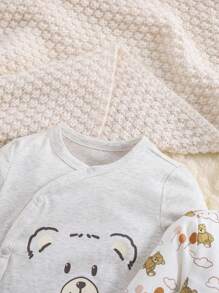 SHEIN 3pcs Baby Boy Cute Bear Pattern Oblique Lapel Long Sleeve Knitted Comfortable Romper Jumpsuit Graphic - Multicolor - View 5