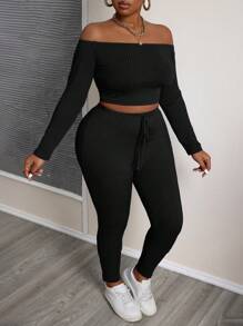 Slaydiva Conjunto de 2 piezas de talla grande con top corto de hombro caído en color azul sólido y malla ajustada, de tela texturizada acanalada para uso casual y deportivo, para primavera y otoño - Negro - Ver 4