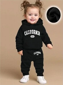 2 件套女婴套装 - 图案字母印花运动衫连帽衫和休闲裤，秋冬 - 黑色 - 查看 1