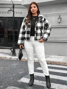 SHEIN LUNE Áo khoác nữ cỡ lớn in họa tiết kẻ caro, tay dài, cổ khóa kéo, có mũ trùm đầu, kiểu dáng thường ngày, lót bông, thích hợp mặc mùa đông, áo khoác giữ ấm mùa hè cho nữ. - Đen và trắng - Xem 6