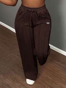 Slaydiva Women Casual Loose Drawstring Waist Straight Leg Pants - Coffee Brown - View 6