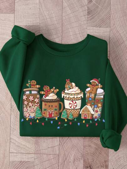 INAWLY Women Christmas Gingerbread Man Printed Round Neck Sweatshirt With Thermal Lined, Casual Style, Autumn/Winter,Long Sleeve Tops