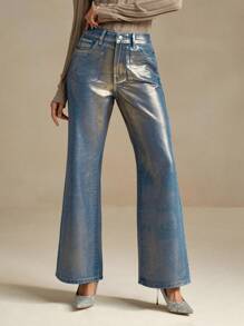 Anewsta 女士时尚金属效果宽松阔腿牛仔裤 - 藍色 - 查看 4