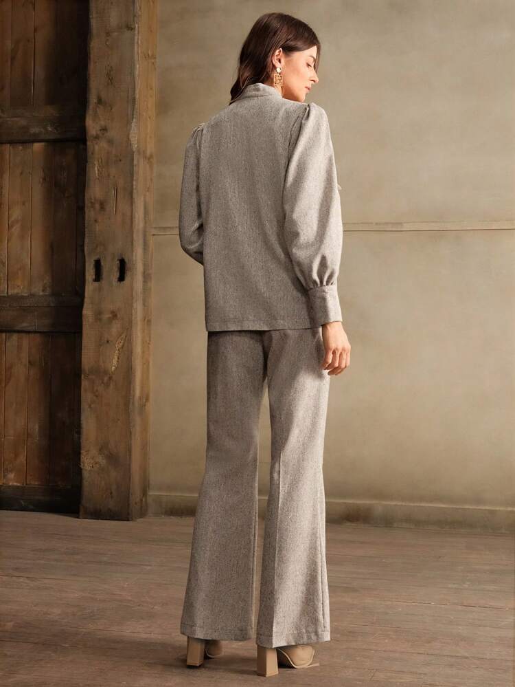 Women Elegant Bow Collar Lantern Sleeve Tweed Loose Top And Wide Leg Pants 2pcs Set