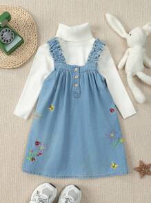 1 件年轻女孩牛仔连衣裙，新款休闲时尚刺绣水洗柔软牛仔连衣裙，适合春夏秋冬 - 中等水洗藍 - 查看 1