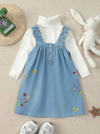 1 件年轻女孩牛仔连衣裙，新款休闲时尚刺绣水洗柔软牛仔连衣裙，适合春夏秋冬