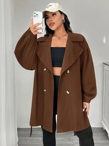 CovetEZ Plus Size Vintage Plus Size Wide Lapel Trench Coat For Early Autumn - Chocolate Brown - View 5