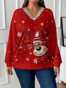 SHEIN LUNE Christmas Element Plus Size Women Casual V-Neck Raglan Sleeve Long Sleeve Hoodie Sweatshirt, Suitable For Autumn & Winter