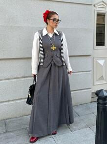 Flirla Plus Size 2pcs Set: Sleeveless Single-Breasted Vest + High Waist Pleated Maxi Skirt, Stylish Lady Set, New Arrival - Grey - View 4