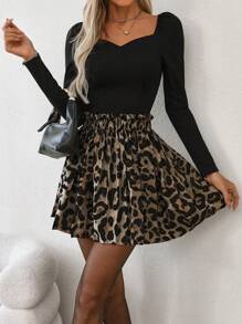 SHEIN Clasi Damen A-Linien Rock mit gefälteltem Volant und Leoprint, Lässig und urlaubsgeeignet