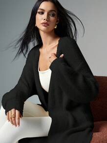 Poéselle Women's Solid Color Batwing Long Sleeve Loose Long Casual Cardigan, Autumn/Winter,Long Sleeve Tops - Black - View 2