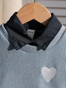 2 件套少女心刺绣不对称下摆上衣和纯色长袖连衣裙 - 寶藍色 - 查看 8