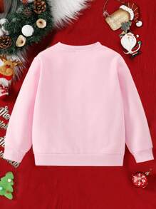 Young Girl Christmas Casual Fashion Cute Cartoon Glitter Bow Christmas Tree Graphic Print Crew Neck Sweatshirt - Pink - View 2