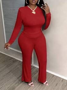 Slaydiva Übergröße Herbst/Winter Lotuswurzelrosa Lässiges, tailliertes, einfarbiges Set mit kurzem, langärmligem Oberteil und hoher Taille und langen Hosen