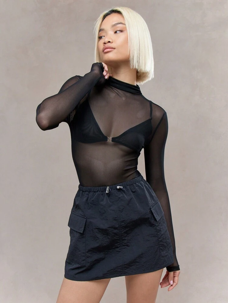 MISSGUIDED Music Festival Sheer Mesh Polo Neck Long Sleeve Bodysuit