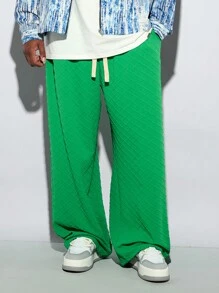 Manfinity NXTstreet Pantalón de chándal holgado con patrón de rombos tejido para hombre de talla grande, pantalón de chándal verde de moda para salir, liso y ancho con cordón, regalo para esposo o novio